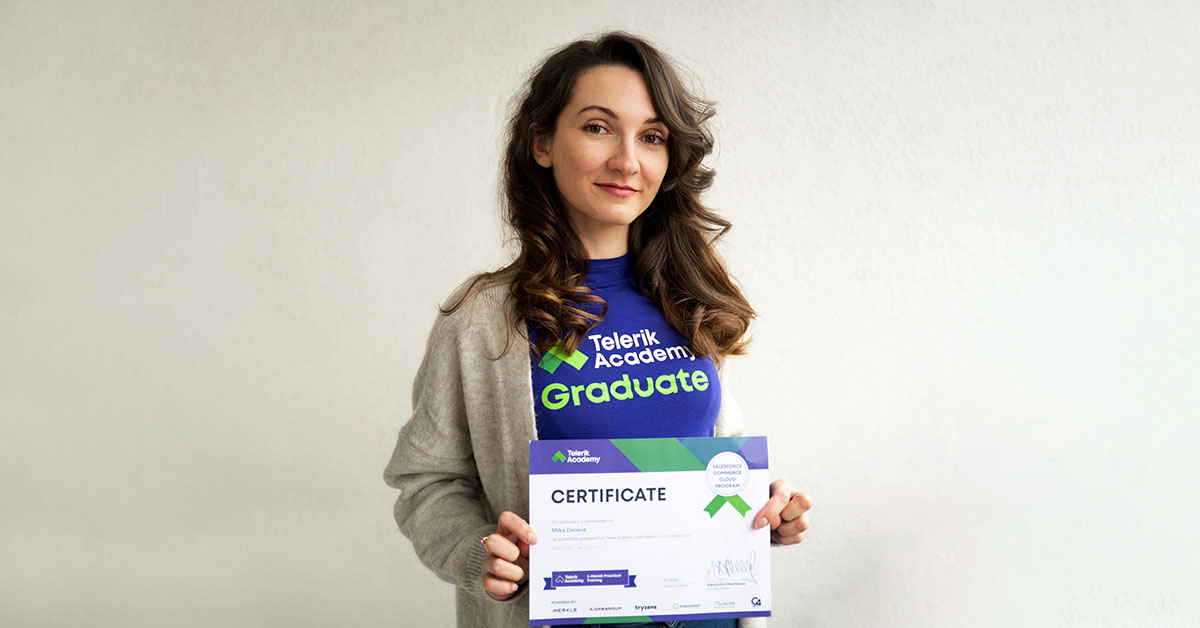 photo of milka deneva, a telerik academy upskill salesforce commerce cloud alumni, posing with her certificate and wearing a telerik academy graduate t-shirt