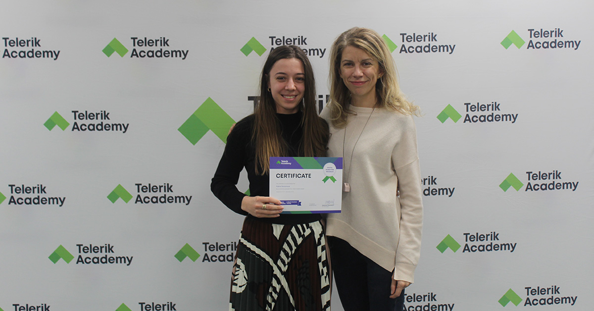 Kalina and Ina Toncheva, program's lead trainer, in front of panel with Telerik Acacemy's logo during graduation